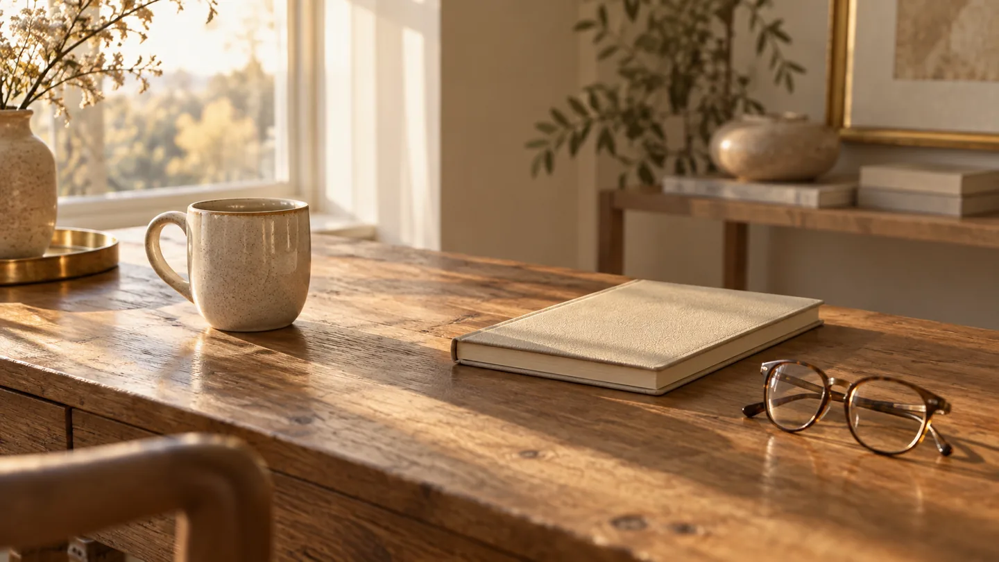 A rustic oak desk in late afternoon light with a ceramic mug, a closed notebook and reading glasses