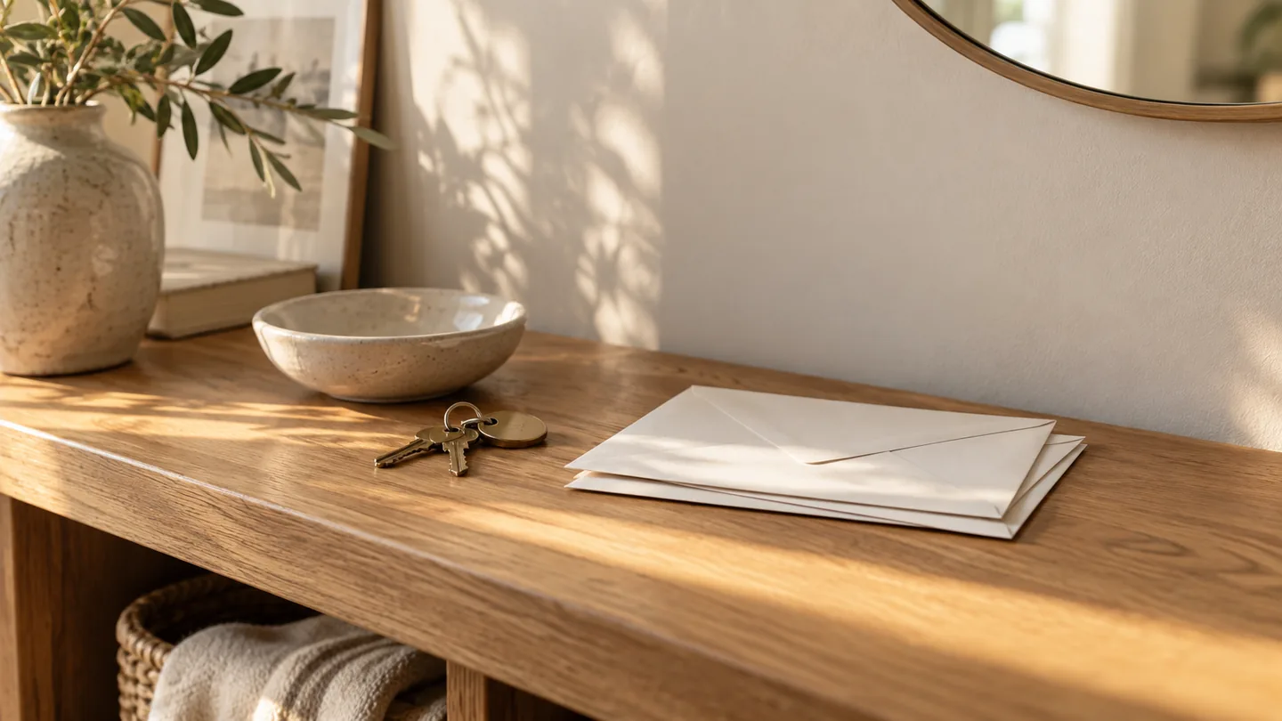 An oak entryway console in morning light with unopened envelopes, keys and a ceramic dish