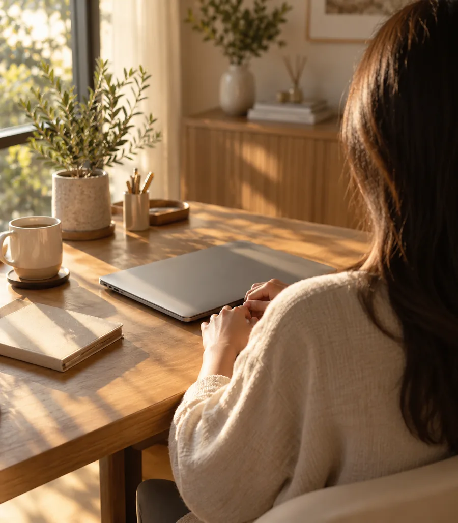 A person at a home desk seen from behind, hands resting beside a closed laptop in afternoon light