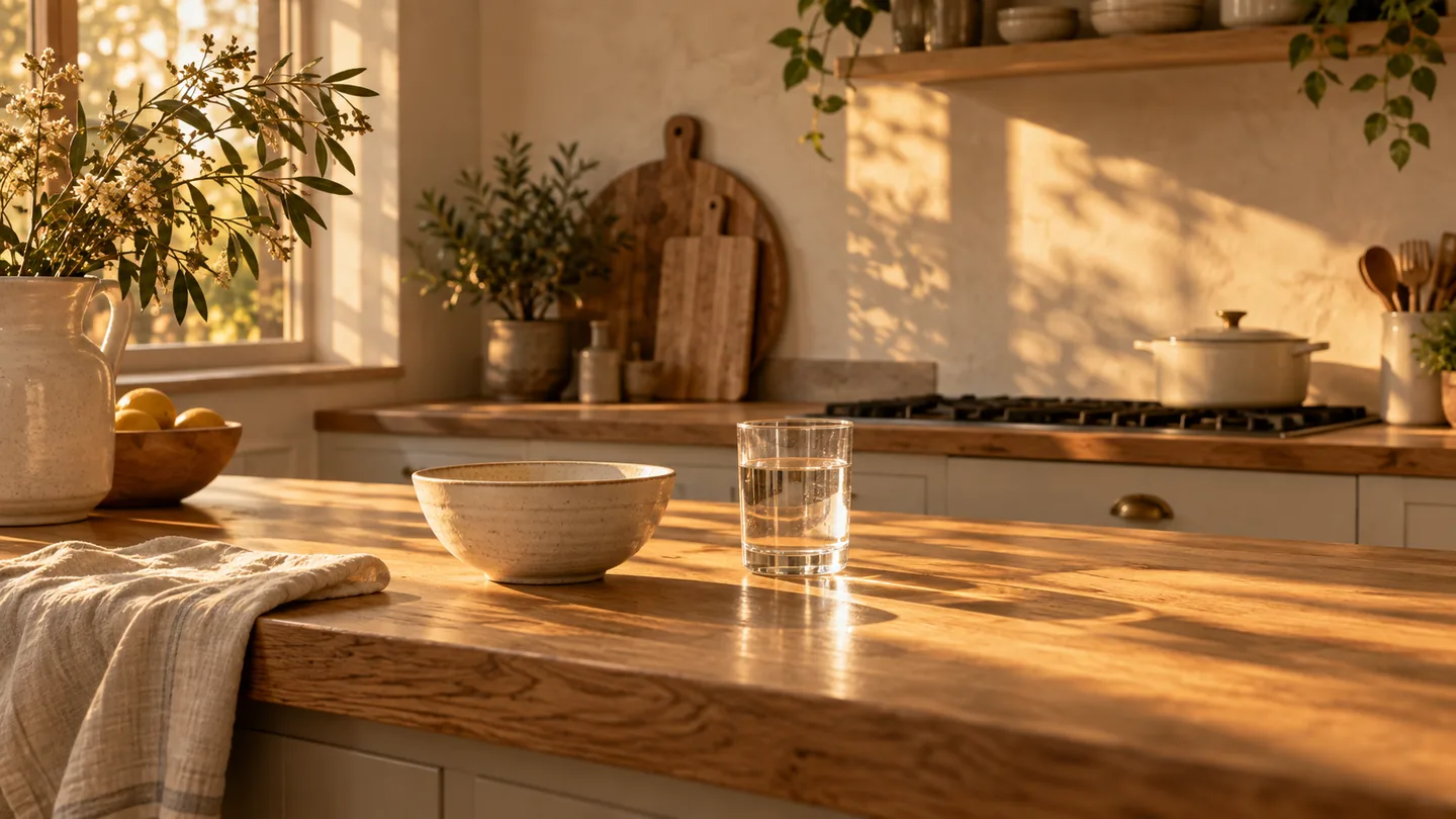A warm kitchen counter at golden hour with a ceramic bowl and a glass of water