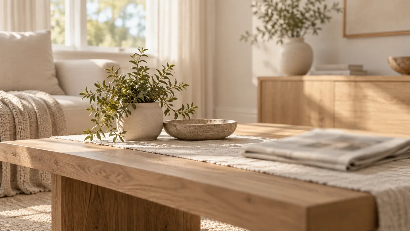 A sunlit living room table with a potted plant, a stone bowl and a folded newspaper