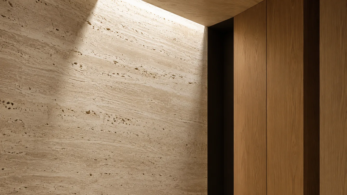 A travertine stone wall meeting warm oak panelling, lit from above